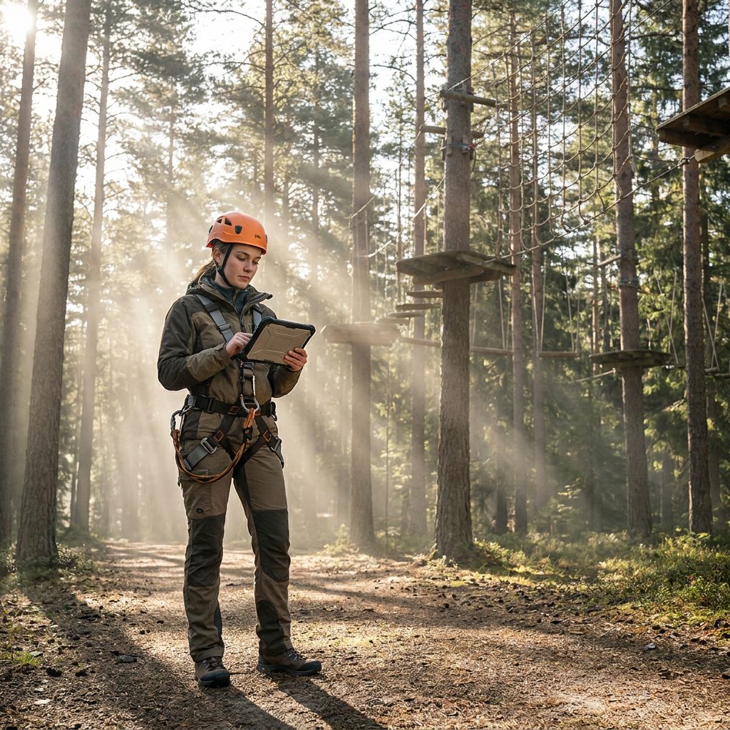 Guide standing alone in a misty forest ropes course using a rugged tablet