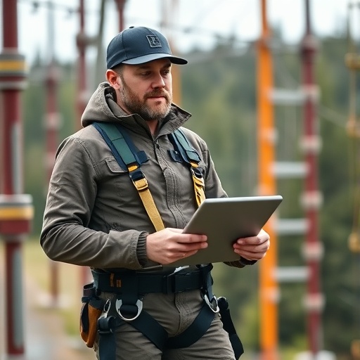 Technician in a harness recording an inspection on a tablet at a high-level structure