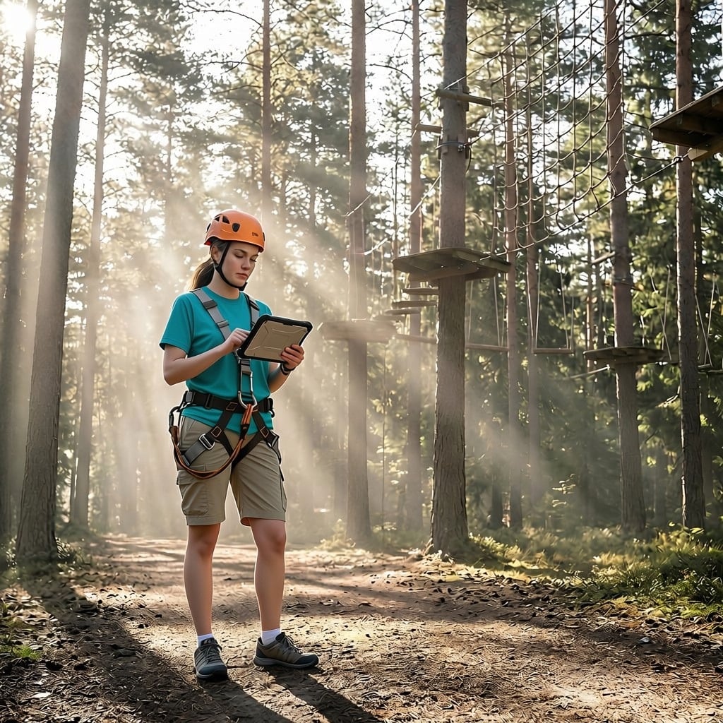 Guide standing alone in a misty forest ropes course using a rugged tablet