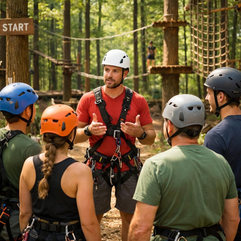 Instructor briefing a group of participants wearing helmets and harnesses before a course session